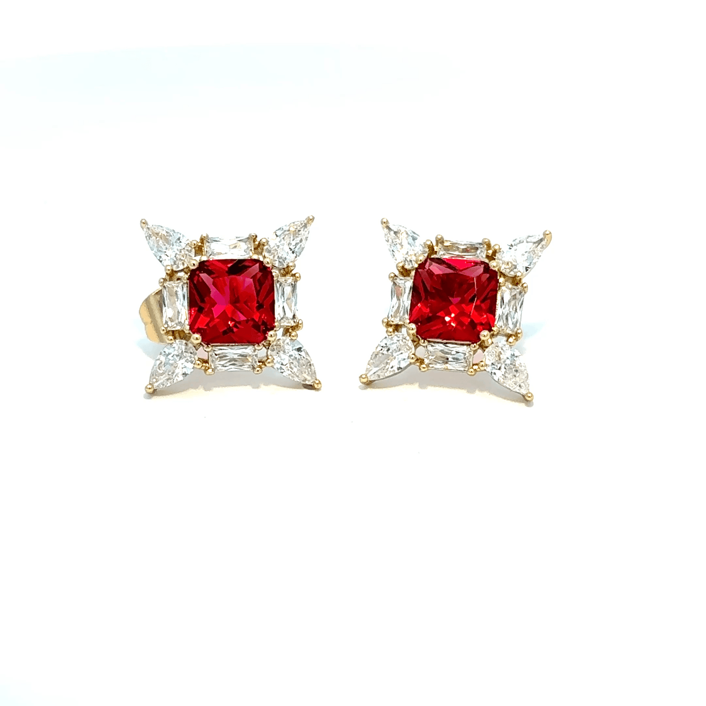 Gold Stud Earrings with Square Cut Ruby Gemstones