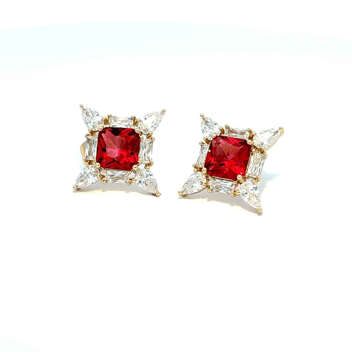 Gold Stud Earrings with Square Cut Ruby Gemstones