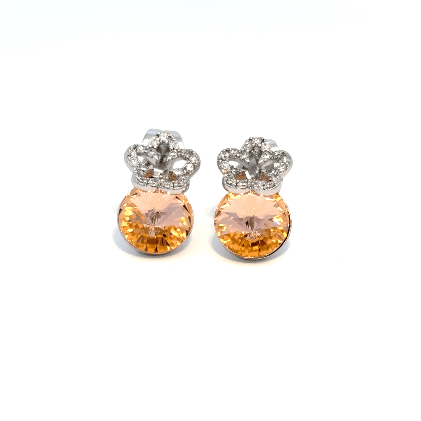 Silver Stud Earrings with Round Brilliant Cut Orange Topaz