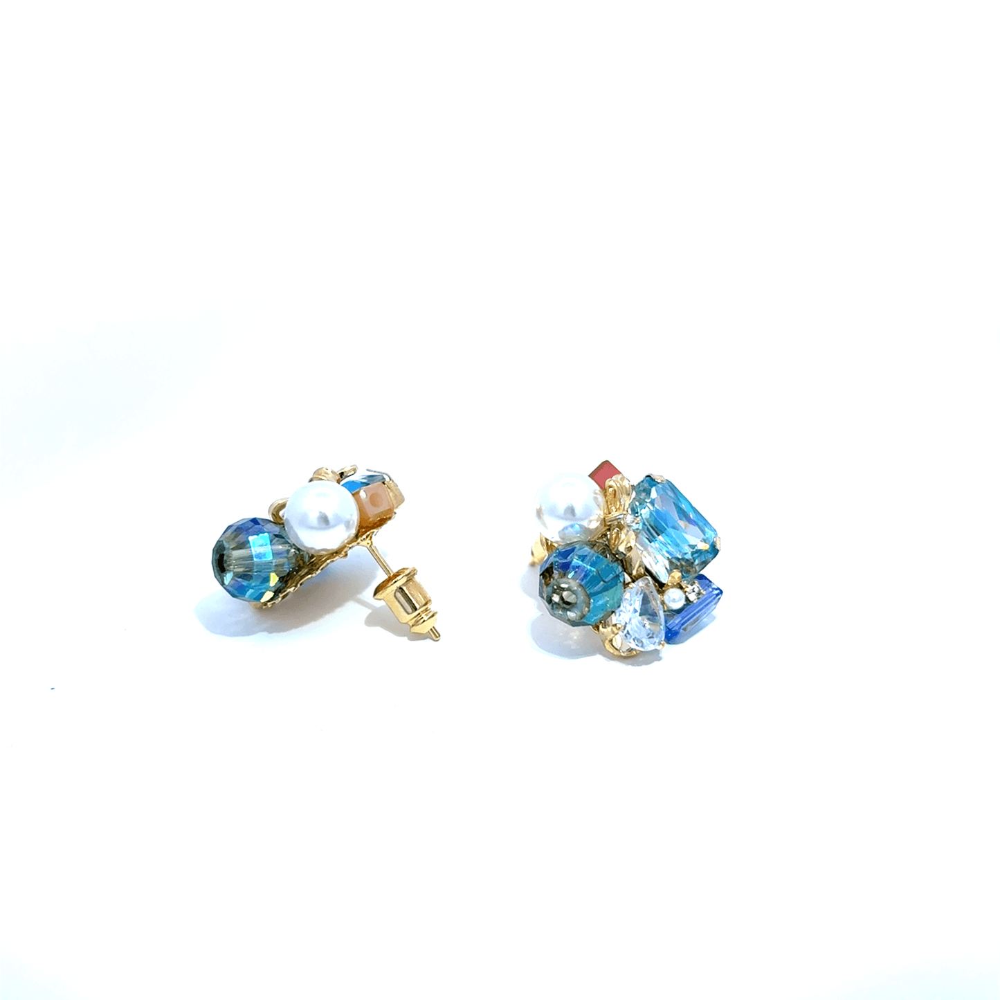 Gold Cluster Earrings with Round Cut Blue Crystal