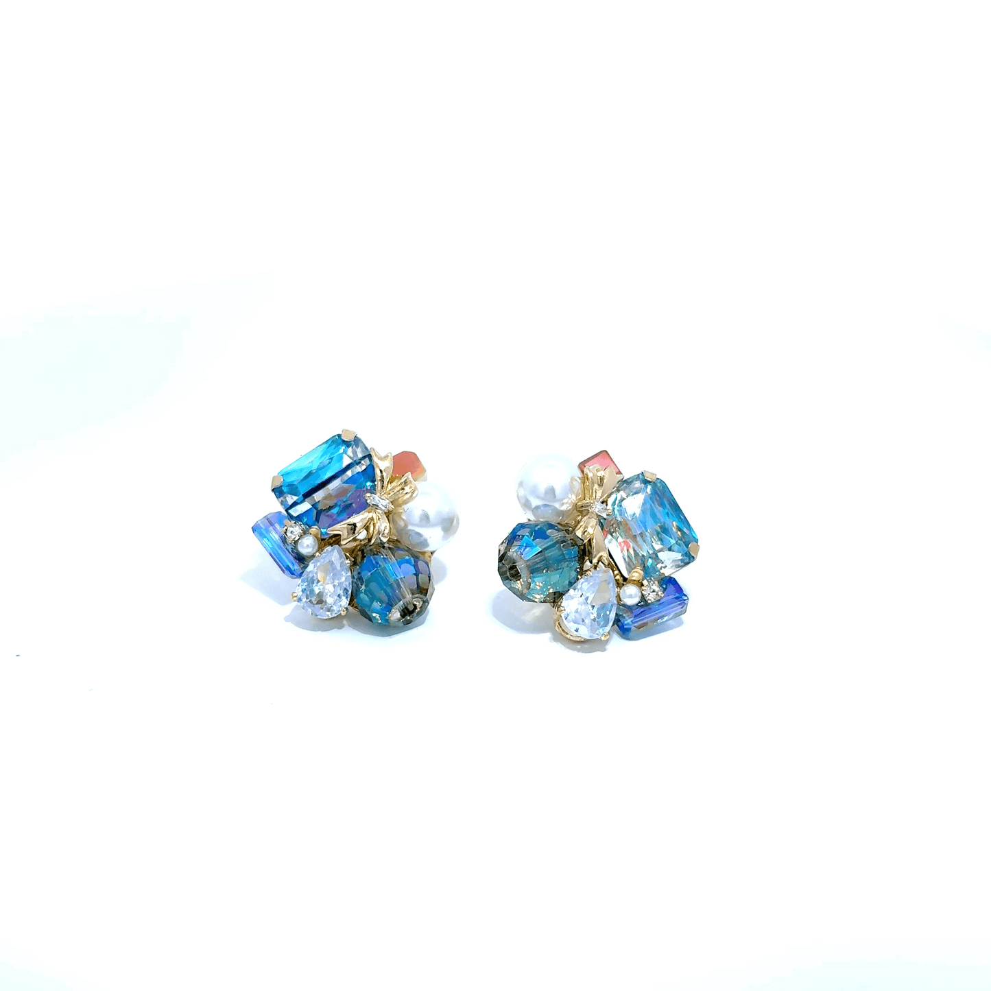 Gold Cluster Earrings with Round Cut Blue Crystal