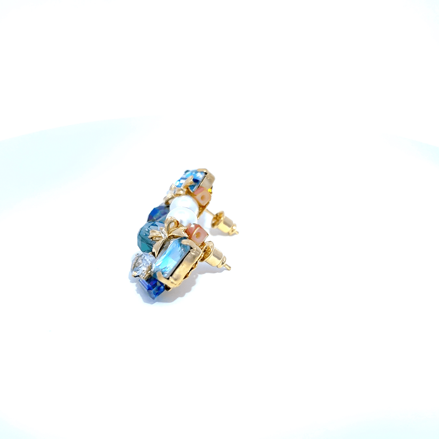 Gold Cluster Earrings with Round Cut Blue Crystal