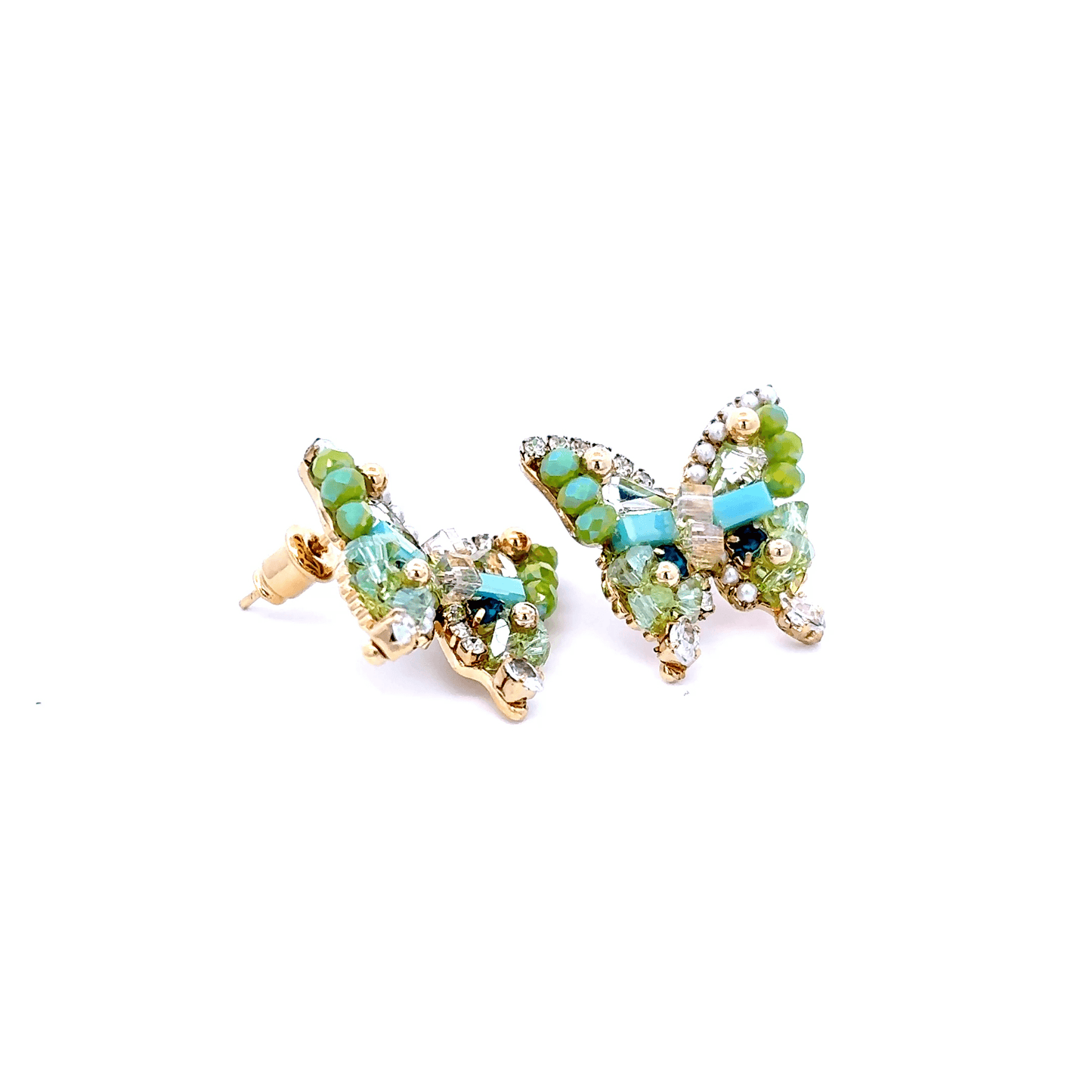 Gold Stud Earrings with Green Crystal Beads