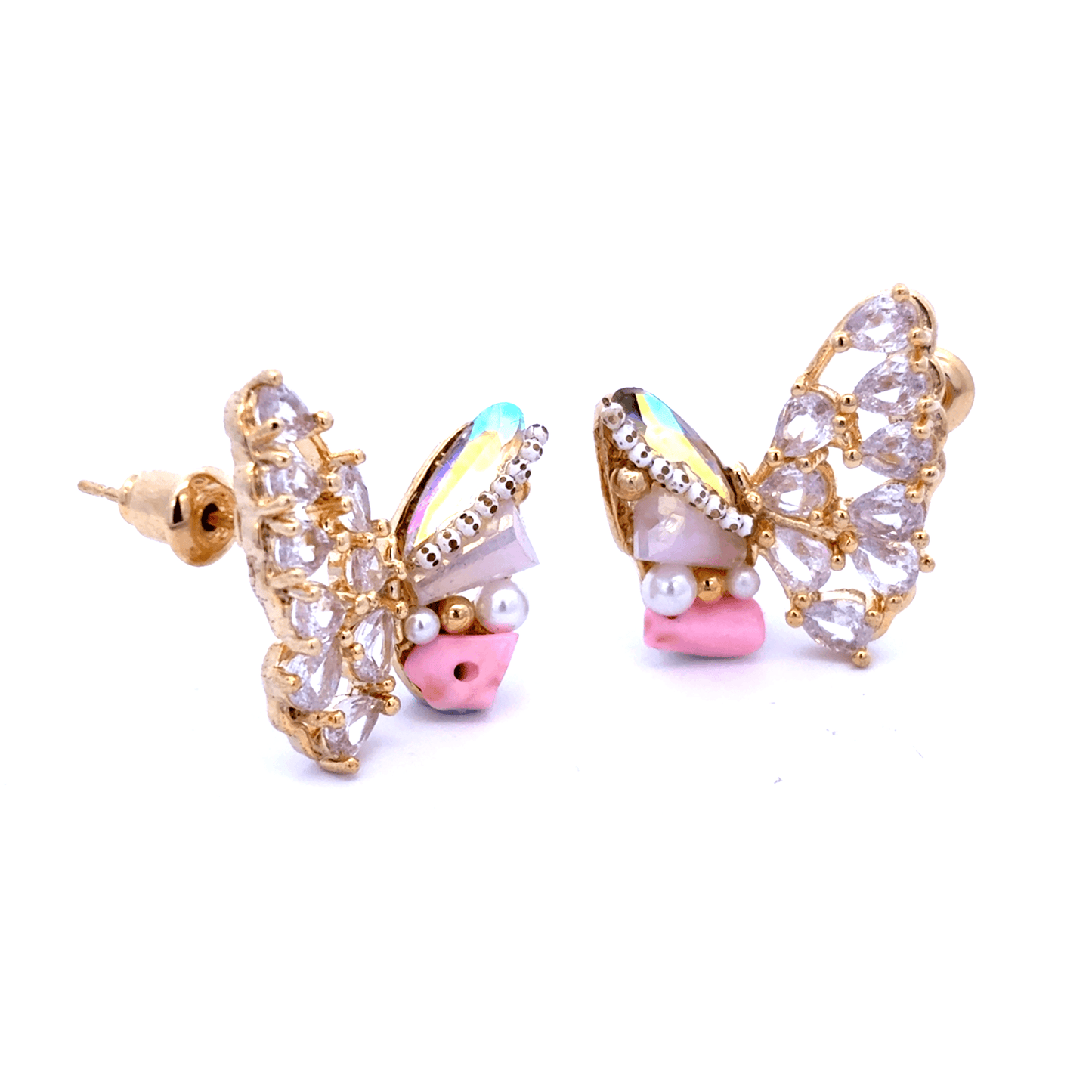 Gold Stud Earrings with Crystal Butterfly Design