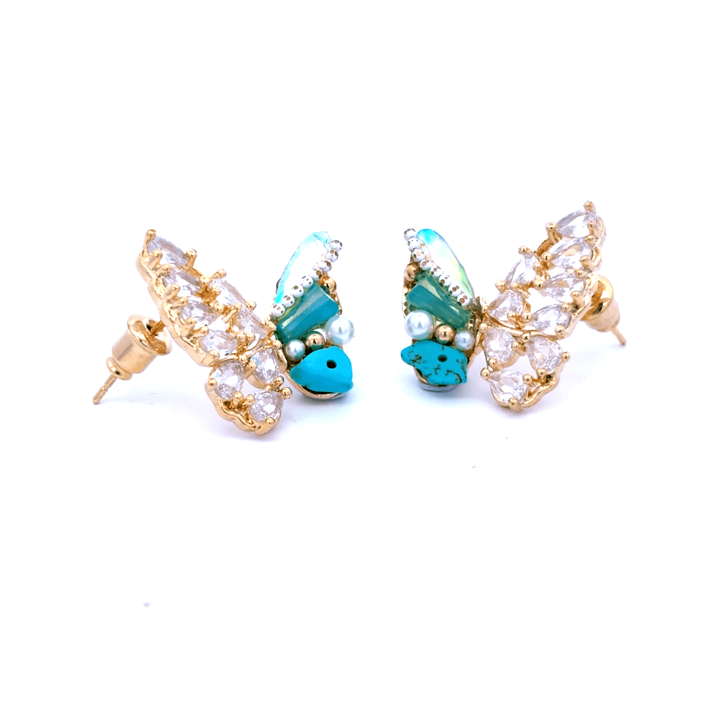 Gold Stud Earrings with Blue Crystal Butterfly Design