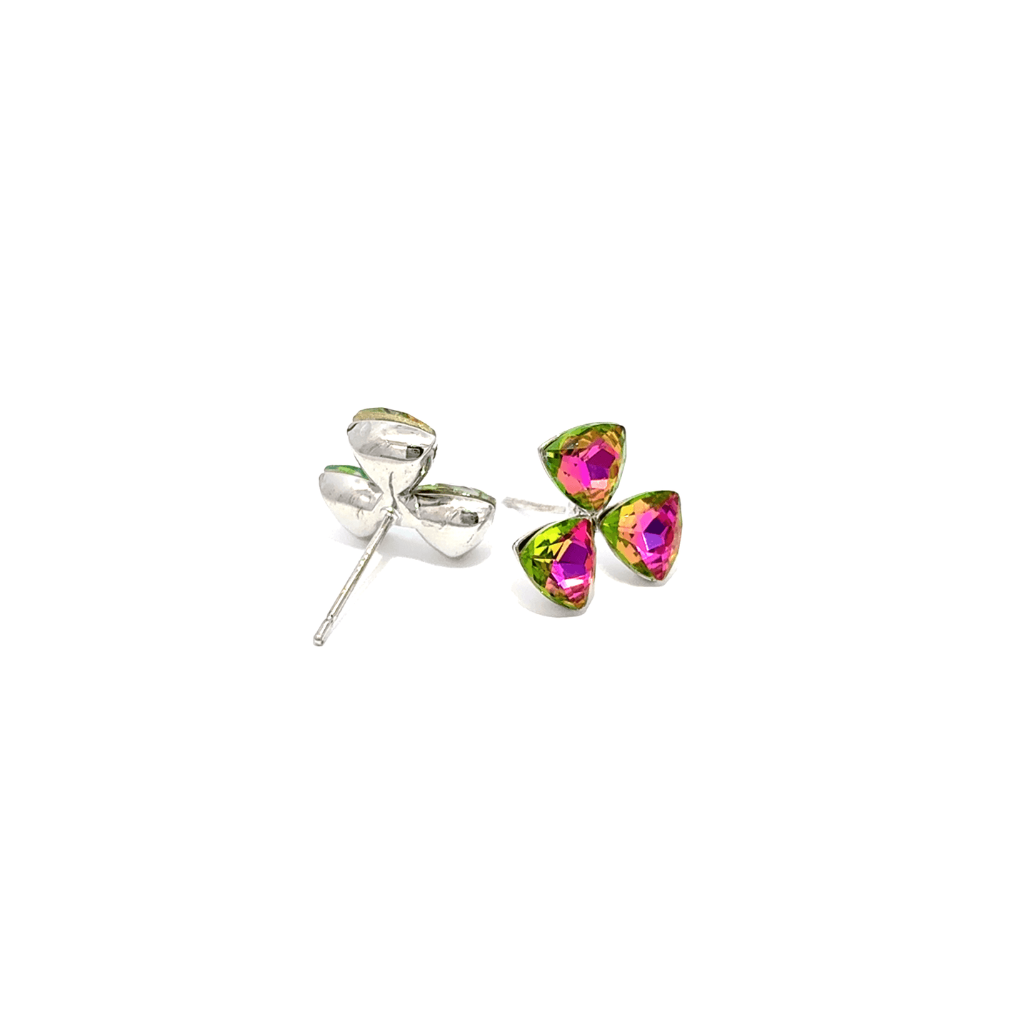 Silver Stud Earrings with Pinkish Green Trillion Crystal
