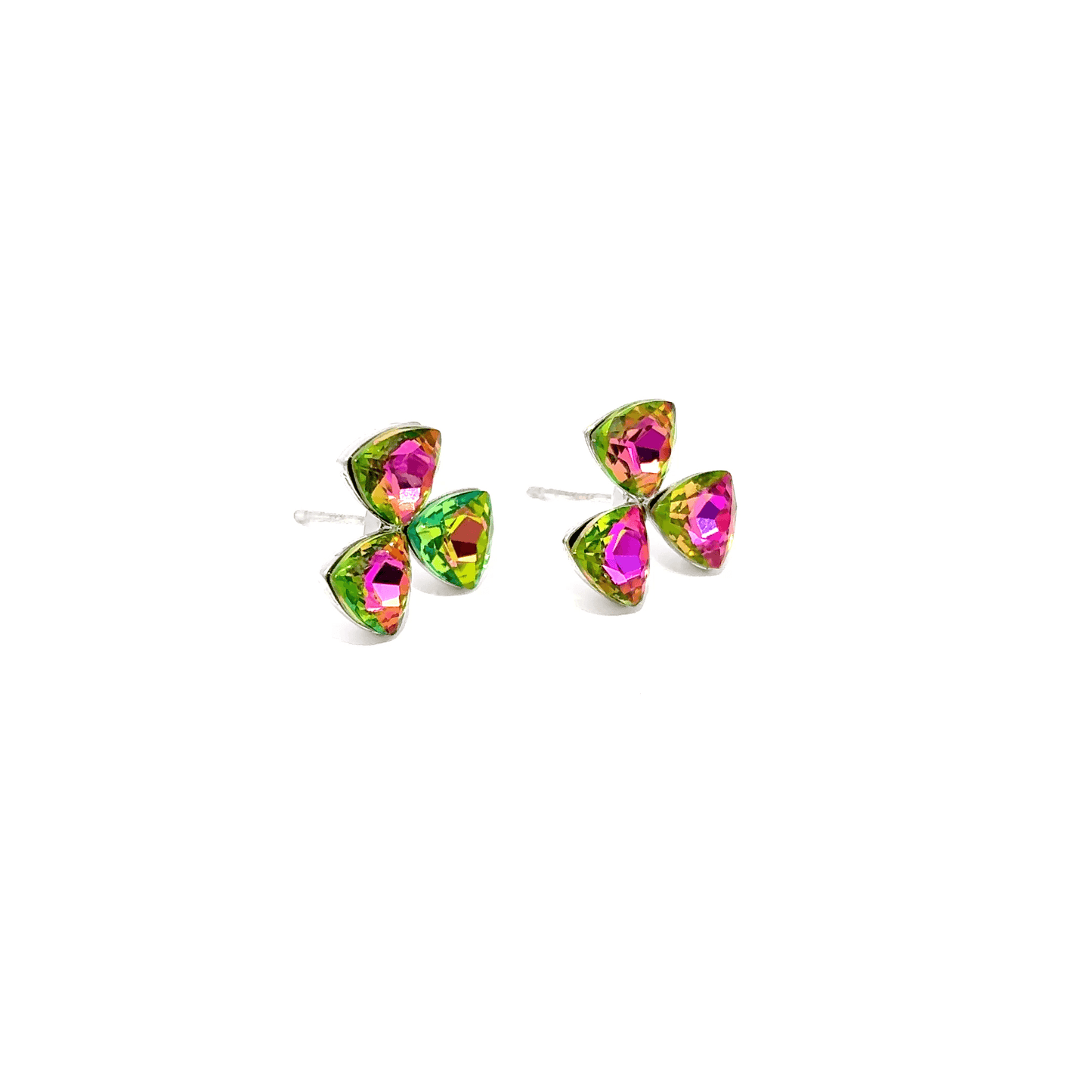 Silver Stud Earrings with Pinkish Green Trillion Crystal