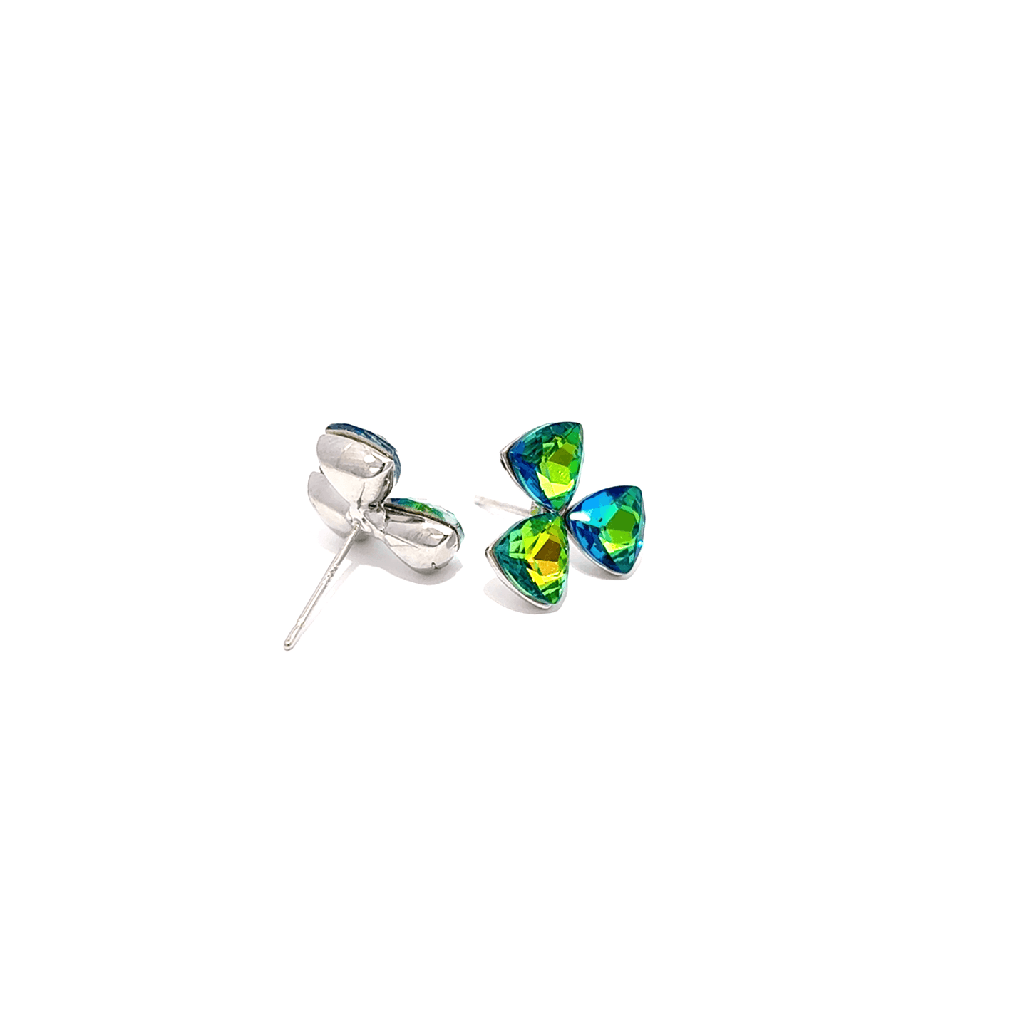 Silver Stud Earrings with Bluish Green Trillion Crystal