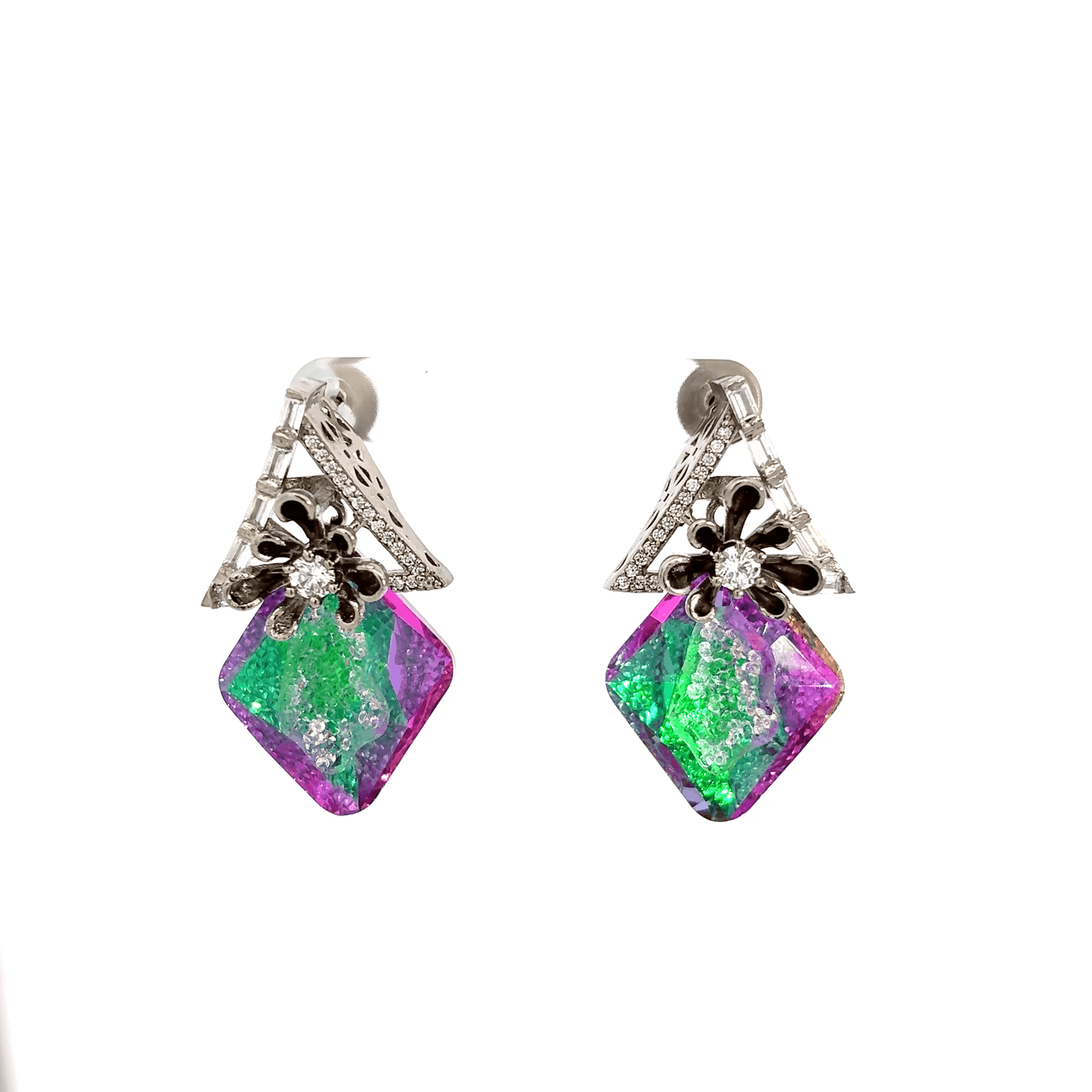 Silver Dangle Earrings with Crystal Cabochons and Diamond Accents(Ice crush crystal)