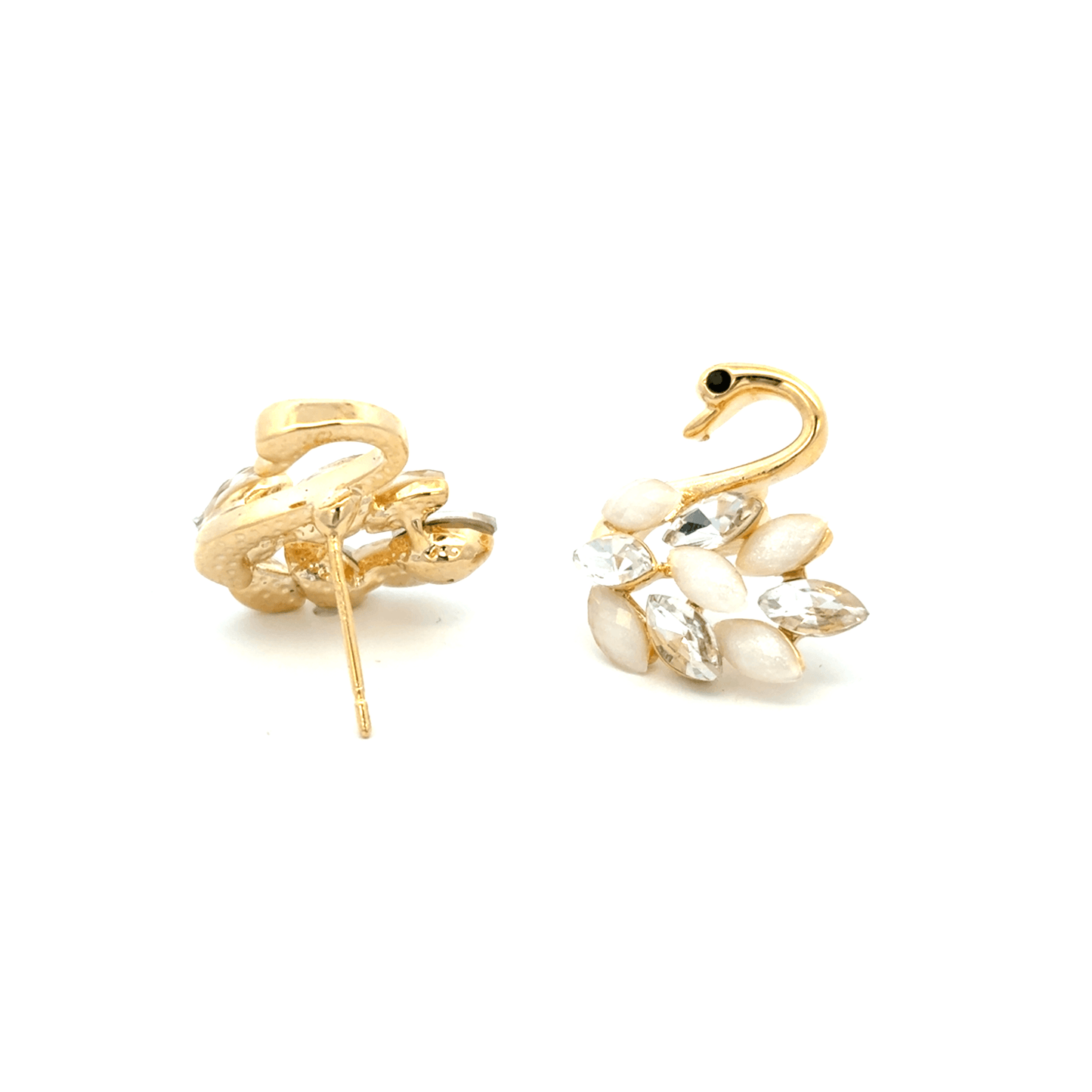 Elegant Gold Swan Stud Earrings with Crystal and Pearl Accent