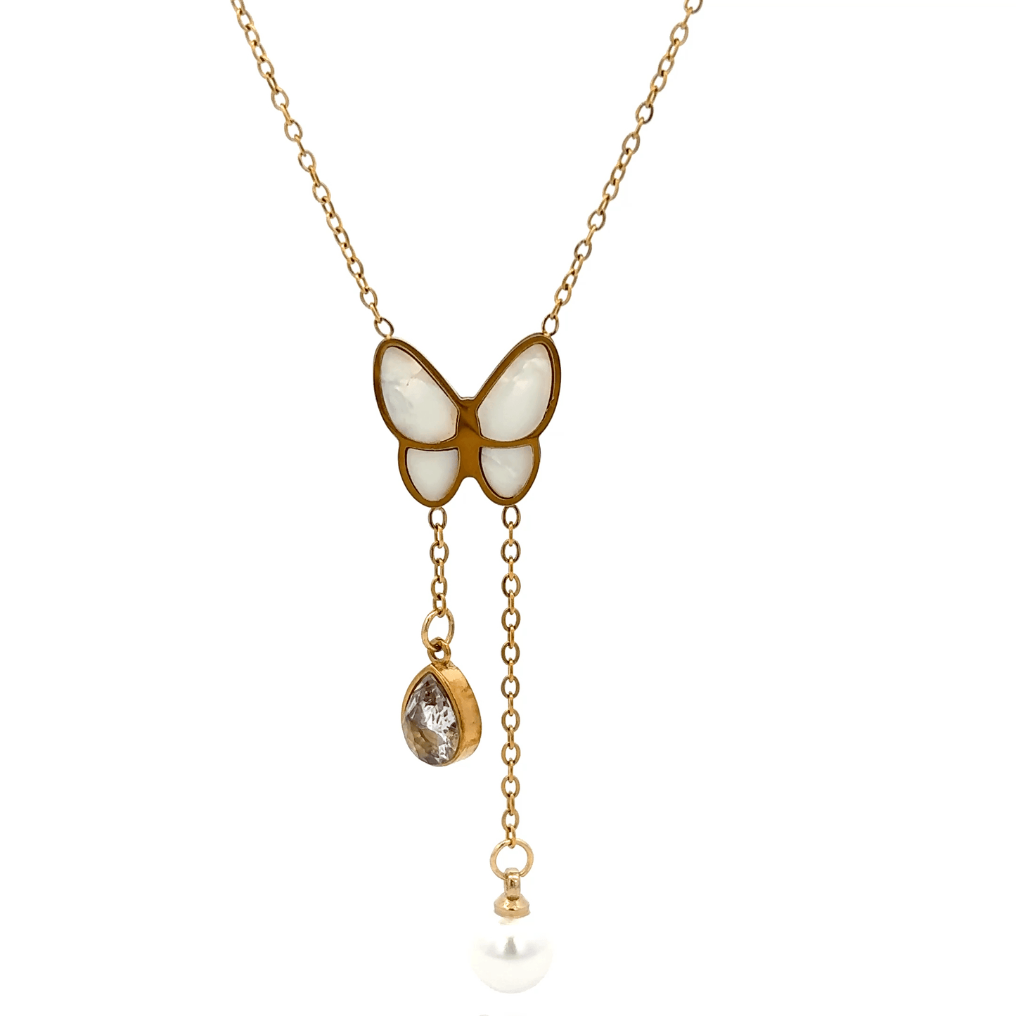 Gold Charm Pendant Chain with Round Cabochon Pearl