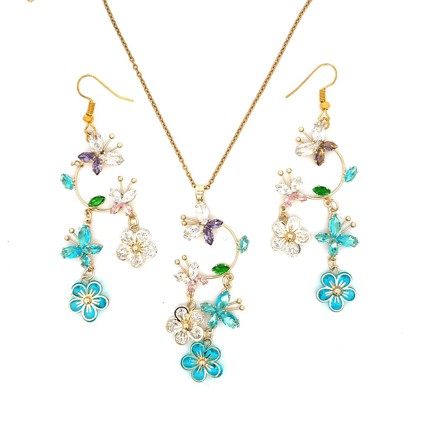 Gold Charm Necklace with Nature Inspired Amethyst Pendant with Earrings