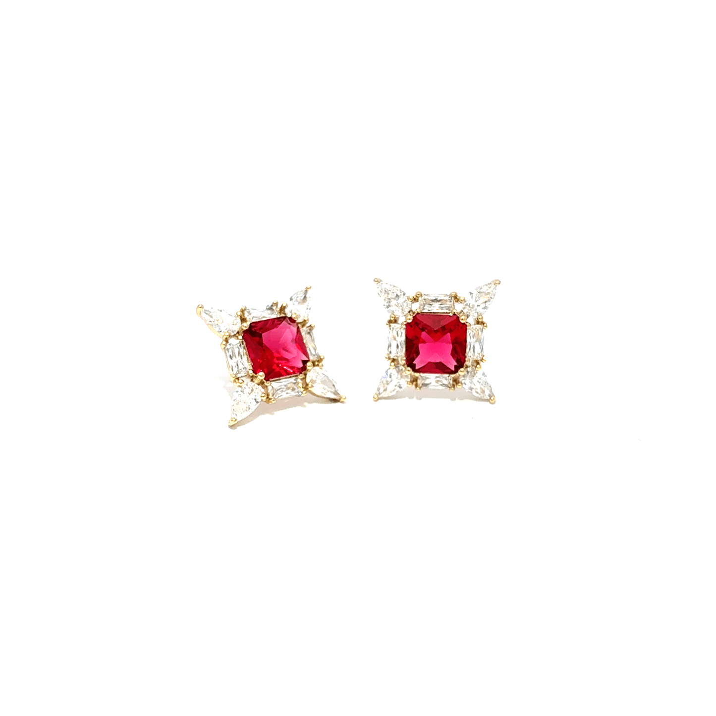 Gold Stud Earrings with Square Cut Ruby Gemstones