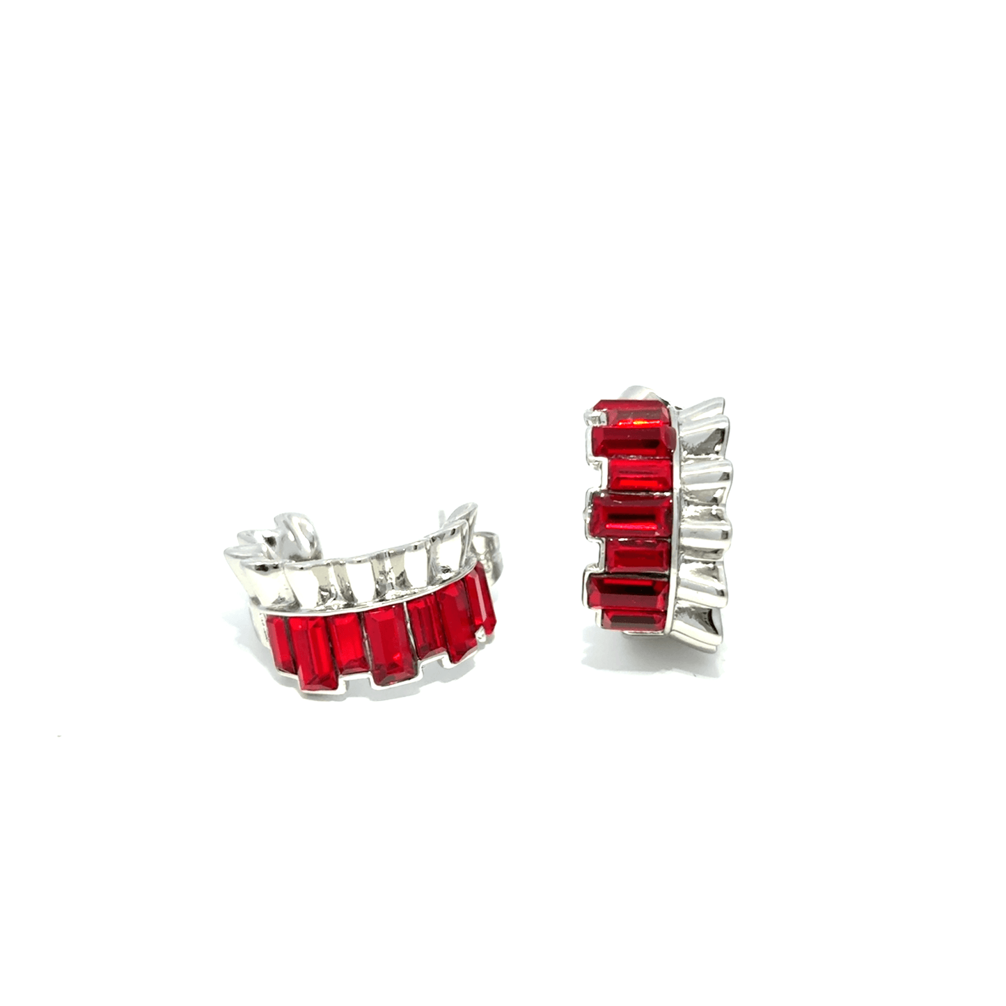 Silver Hoop Earrings with Square Red Rubies
