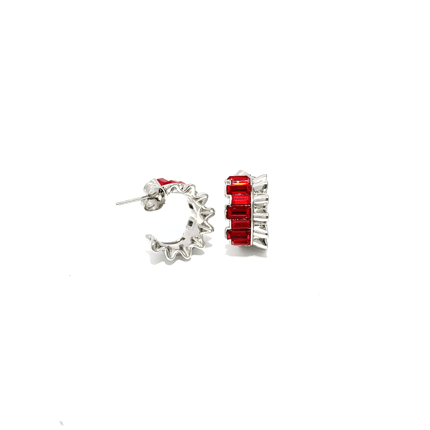 Silver Hoop Earrings with Square Red Rubies