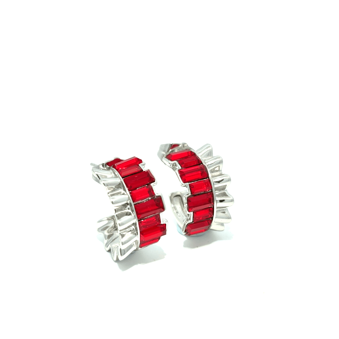 Silver Hoop Earrings with Square Red Rubies