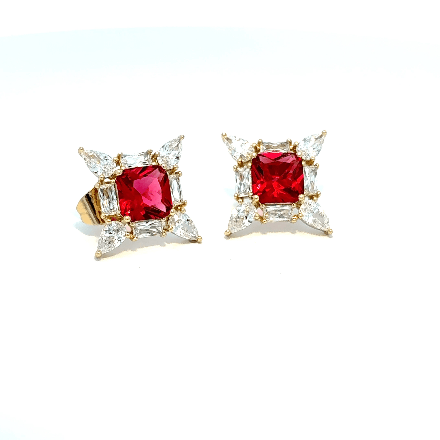 Gold Stud Earrings with Square Cut Ruby Gemstones