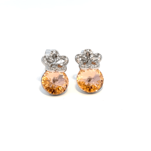 Silver Stud Earrings with Round Brilliant Cut Orange Topaz