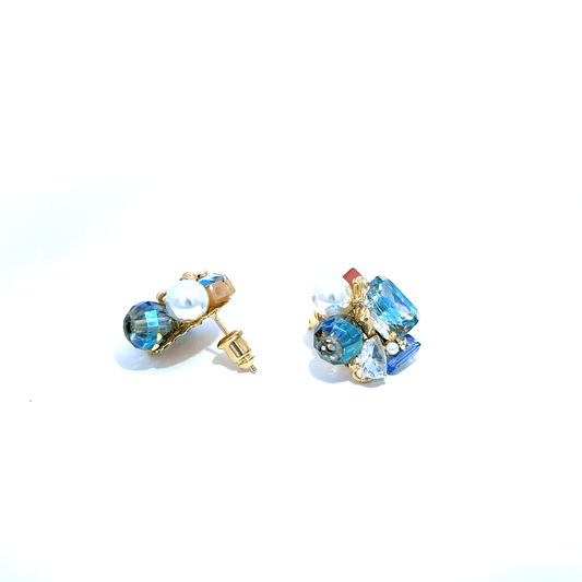 Gold Cluster Earrings with Round Cut Blue Crystal