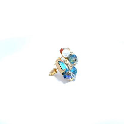 Gold Cluster Earrings with Round Cut Blue Crystal