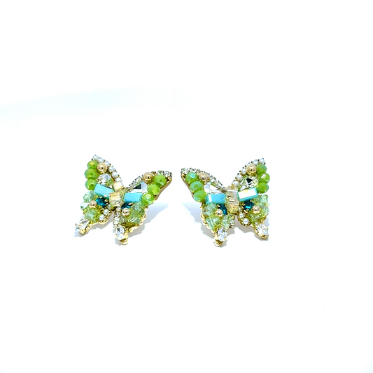 Gold Stud Earrings with Green Crystal Beads