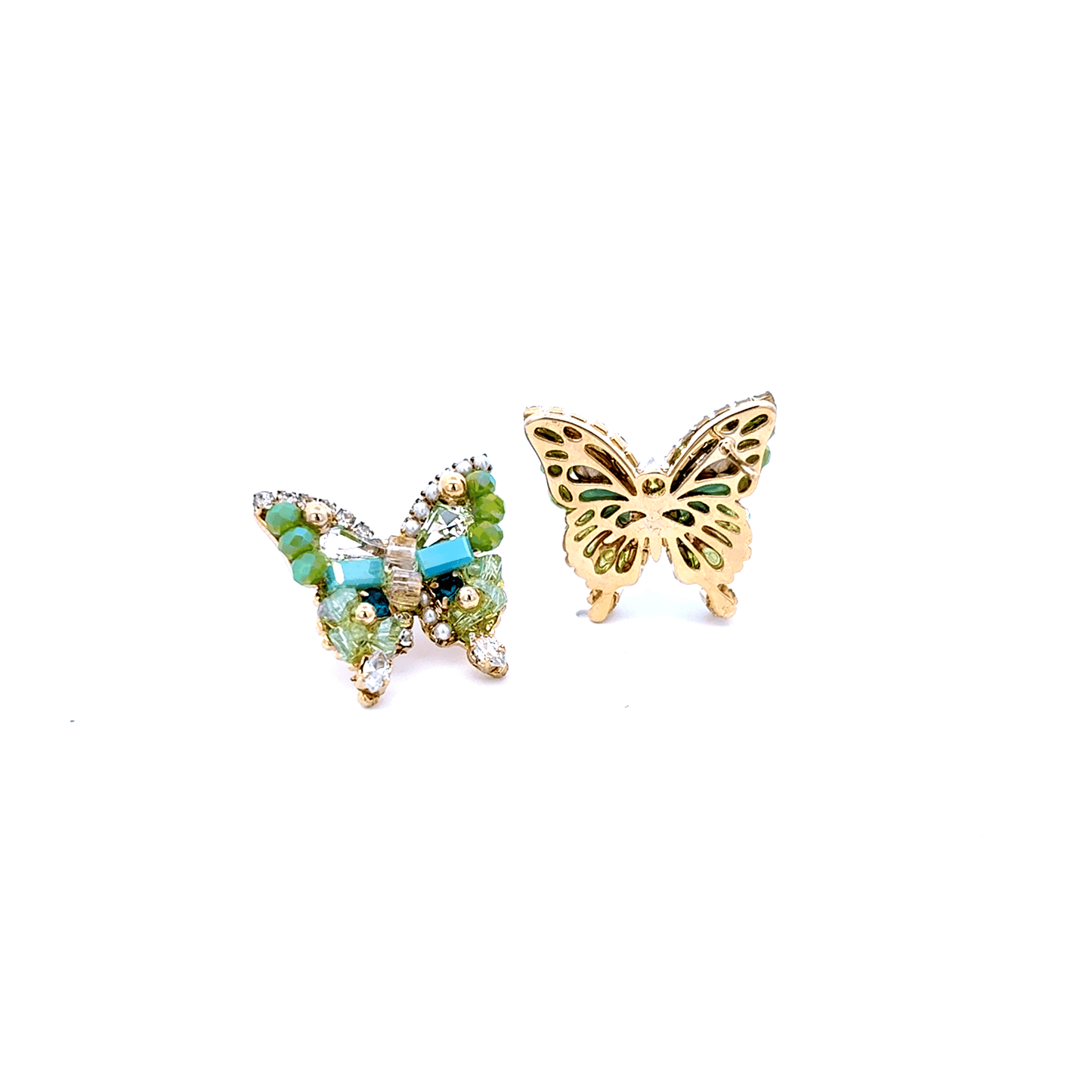 Gold Stud Earrings with Green Crystal Beads