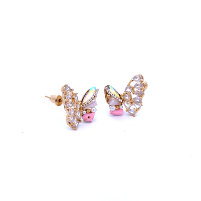Gold Stud Earrings with Crystal Butterfly Design