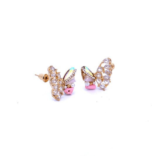 Gold Stud Earrings with Crystal Butterfly Design