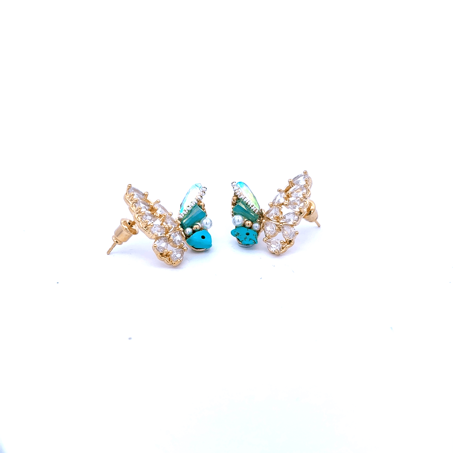 Gold Stud Earrings with Blue Crystal Butterfly Design