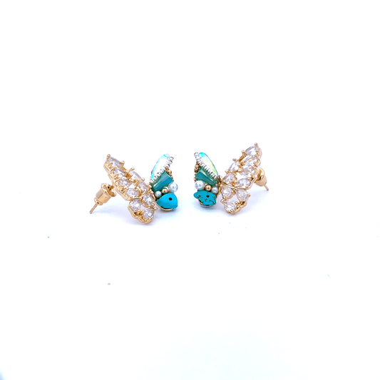 Gold Stud Earrings with Blue Crystal Butterfly Design