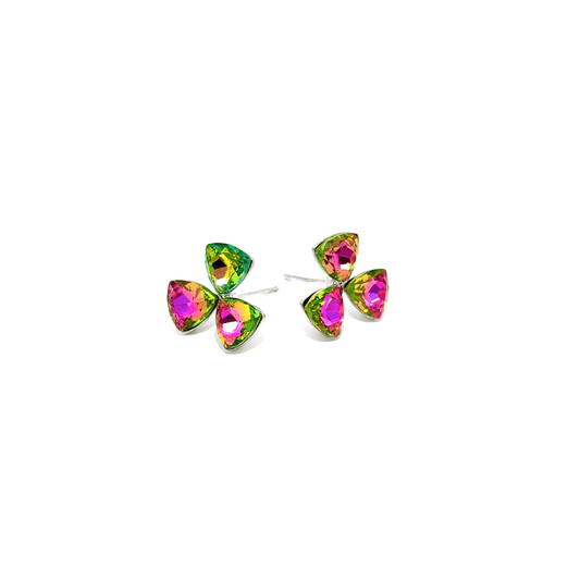 Silver Stud Earrings with Pinkish Green Trillion Crystal