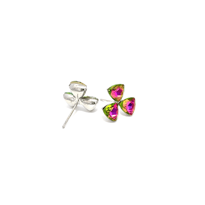 Silver Stud Earrings with Pinkish Green Trillion Crystal