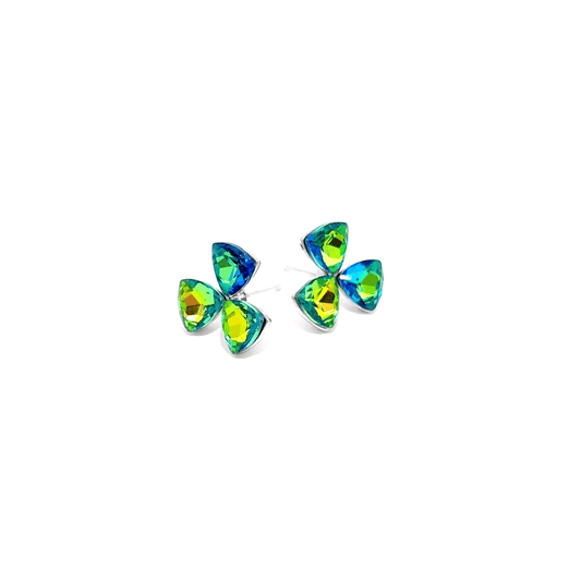 Silver Stud Earrings with Bluish Green Trillion Crystal