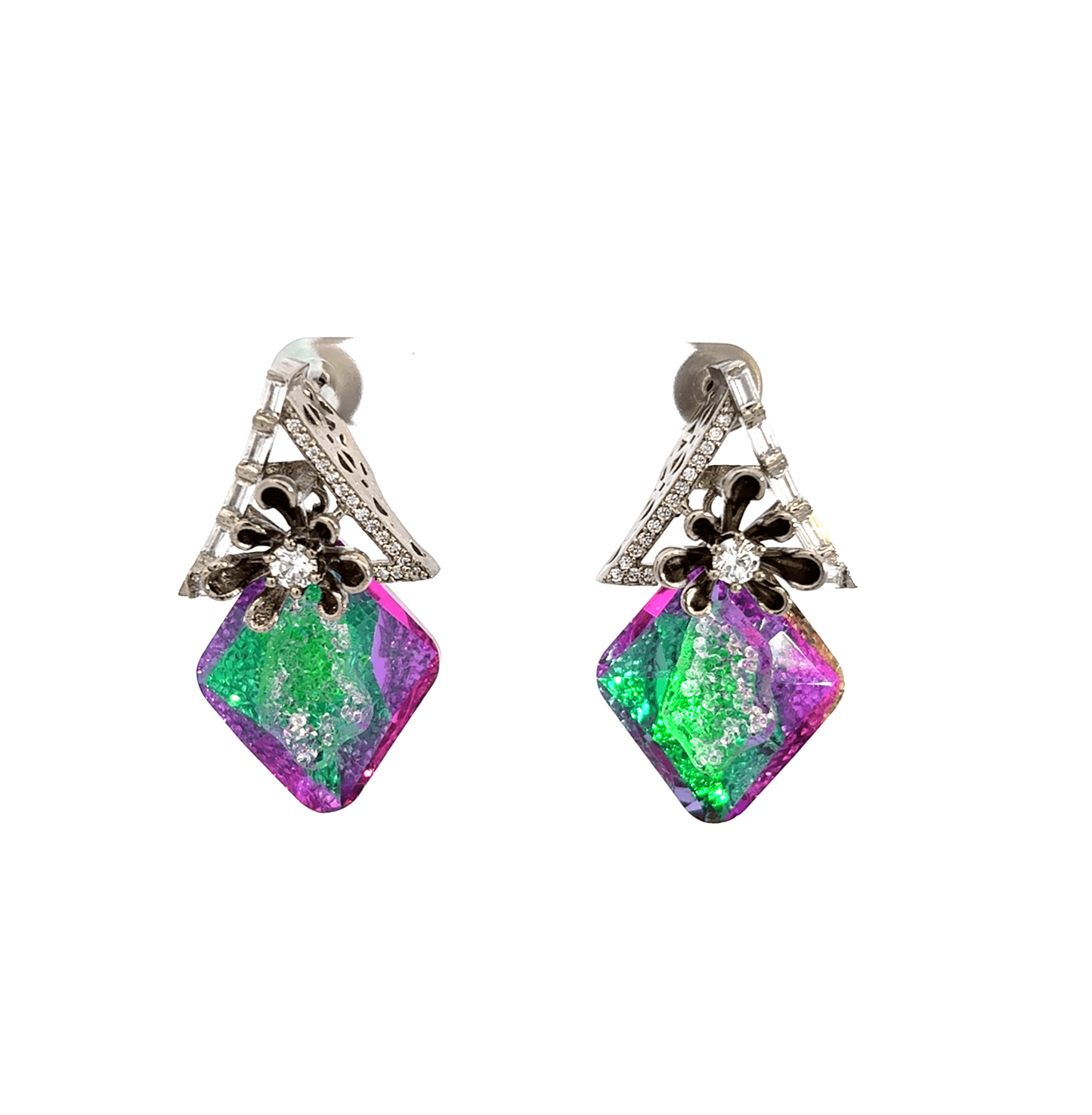 Silver Dangle Earrings with Crystal Cabochons and Diamond Accents(Ice crush crystal)