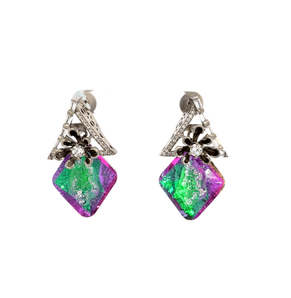 Silver Dangle Earrings with Crystal Cabochons and Diamond Accents(Ice crush crystal)
