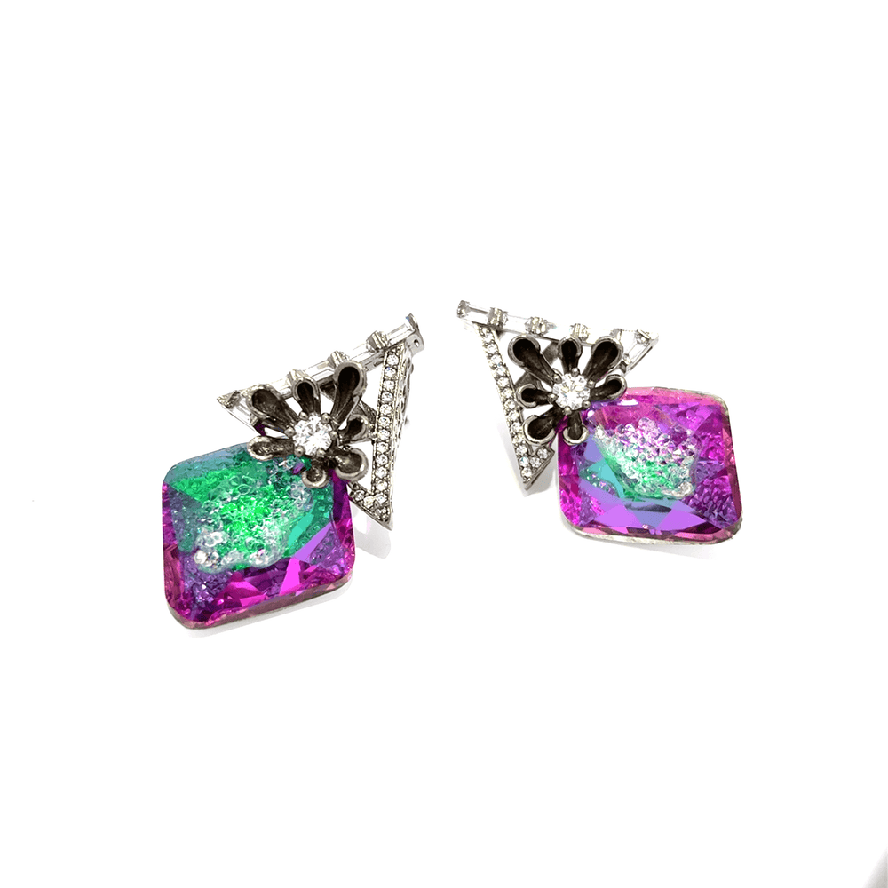 Silver Dangle Earrings with Crystal Cabochons and Diamond Accents(Ice crush crystal)