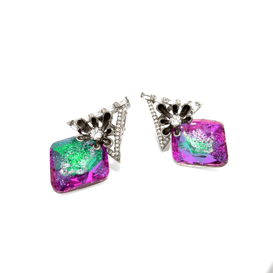 Silver Dangle Earrings with Crystal Cabochons and Diamond Accents(Ice crush crystal)