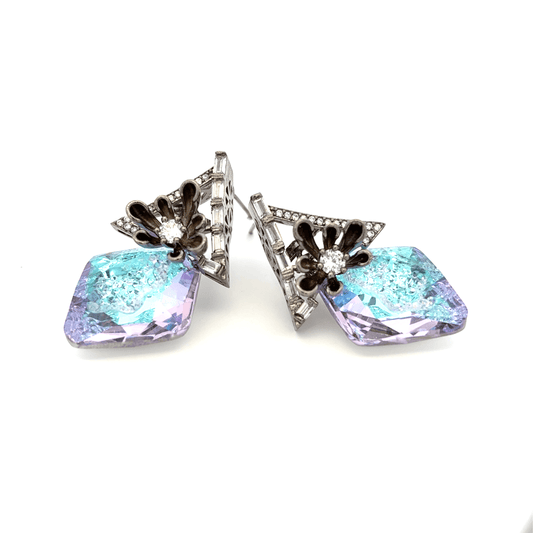Silver Stud Earrings with Bluish-Purple Crystal Cabochons (Ice crush crystal)