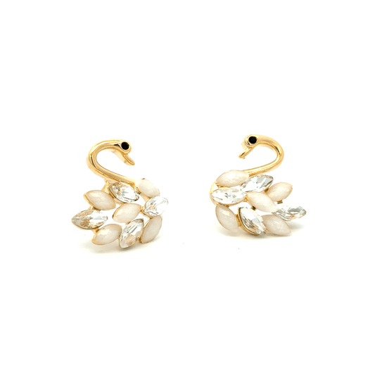 Elegant Gold Swan Stud Earrings with Crystal and Pearl Accent