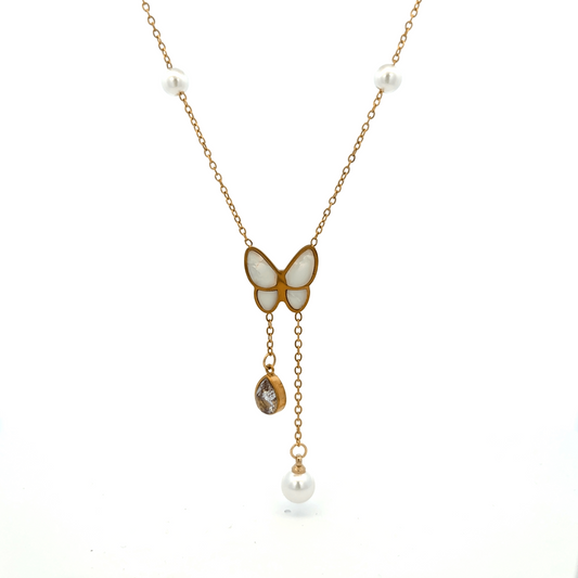 Gold Charm Pendant Chain with Round Cabochon Pearl
