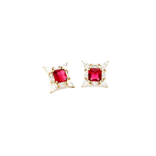Gold Stud Earrings with Square Cut Ruby Gemstones