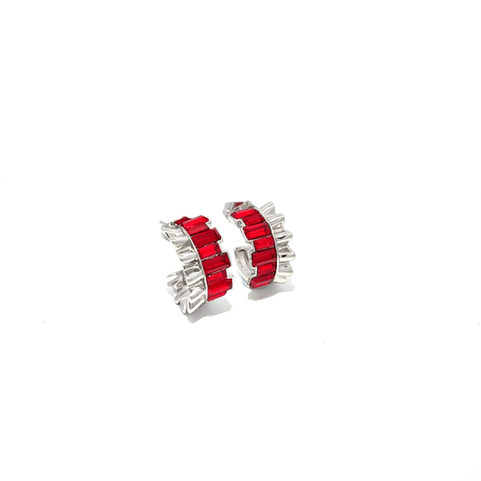 Silver Hoop Earrings with Square Red Rubies
