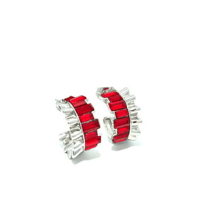 Silver Hoop Earrings with Square Red Rubies