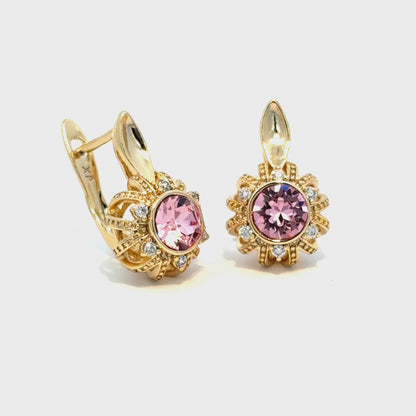 Yellow Gold Stud Earrings with Pink Quartz