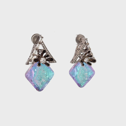 Silver Stud Earrings with Bluish-Purple Crystal Cabochons (Ice crush crystal)