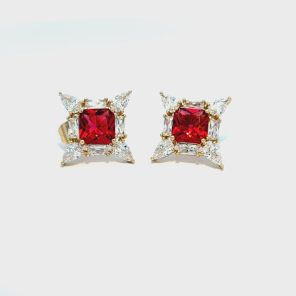 Gold Stud Earrings with Square Cut Ruby Gemstones