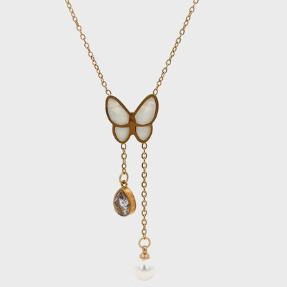 Gold Charm Pendant Chain with Round Cabochon Pearl
