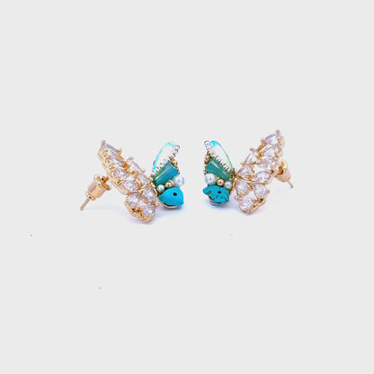 Gold Stud Earrings with Blue Crystal Butterfly Design