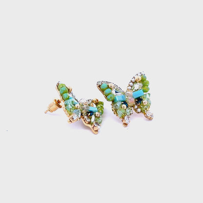 Gold Stud Earrings with Green Crystal Beads