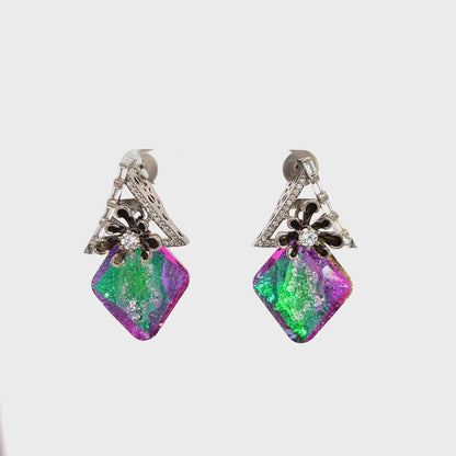 Silver Dangle Earrings with Crystal Cabochons and Diamond Accents(Ice crush crystal)